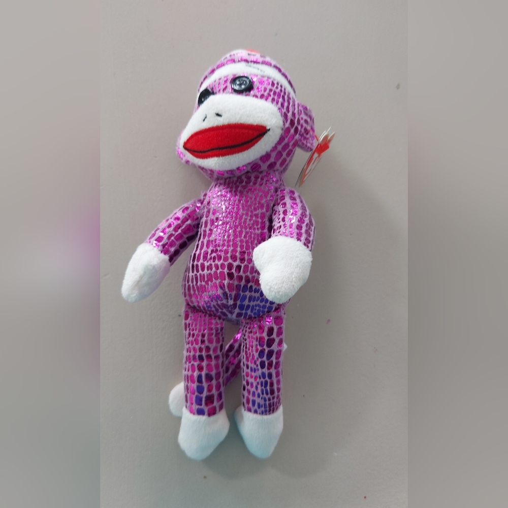 Ty Pink Purple Patterned Sock Monkey Plush with White Accents